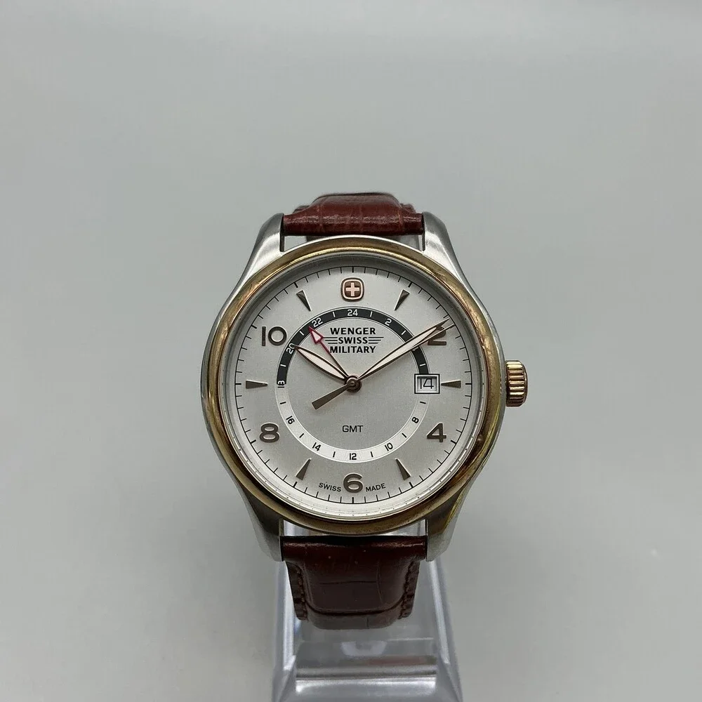 Wenger Swiss Military GMT Mens Watch 41mm Silver Tone Leather Swiss New Battery